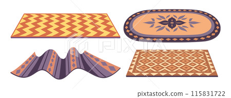 Cartoon carpets. Woven textile rugs, living room, bedroom or bath interior decor flat vector illustration set. Cozy carpets Cartoon carpets. Woven textile rugs, living room, bedroom or bath interior decor flat vector illustration set. Cozy carpets 115831722