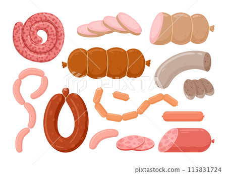 Cartoon sausages. Meat sausages and ham, butcher shop meat semi-finished products flat vector illustration set. Delish meat sausages and frankfurters Cartoon sausages. Meat sausages and ham, butcher shop meat semi-finished products flat vector illustration set. Delish meat sausages and frankfurters 115831724