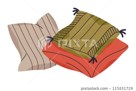 Cozy home interior pillows. Textile pillows pile, feather sofa cushions stack, soft pillows flat vector illustration. Hand drawn pillows 115831729
