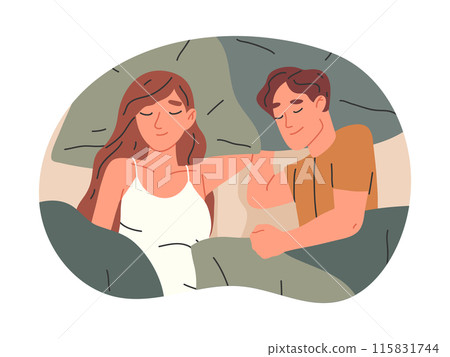 Sleeping couple. Man and woman sleep in bed under blankets, resting and bedtime scene flat vector illustration. Young family sleeping in bed 115831744
