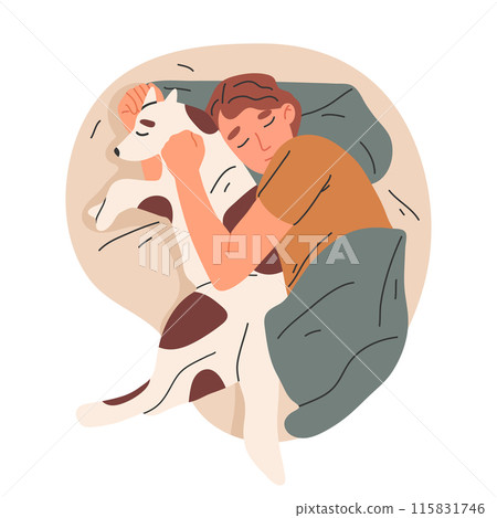Sleeping man with his dog. Man sleep in bed with his pet, resting and bedtime scene flat vector illustration. Guy sleeping in bed 115831746