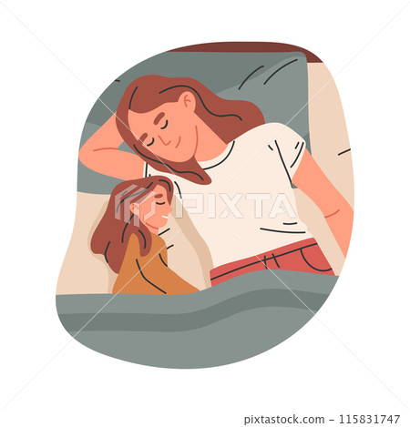 Sleeping mom and daughter. Woman sleep in bed with her baby girl, resting and bedtime scene flat vector illustration. Family sleeping in bed 115831747