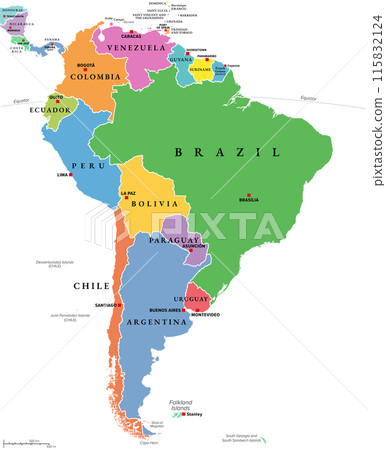 South America, multi colored political map with international borders and capitals. Continent, bordered by the Pacific and Atlantic Ocean, North America and the Caribbean Sea. Isolated illustration. South America, multi colored political map with international borders and capitals. Continent, bordered by the Pacific and Atlantic Ocean, North America and the Caribbean Sea. Isolated illustration. 115832124