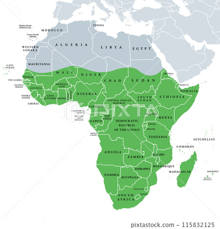 Sub-Saharan Africa, political map. Also known as Subsahara or Non-Mediterranean Africa. The area and regions of the continent Africa that lie south of the Sahara Desert. Isolated illustration. Vector Sub-Saharan Africa, political map. Also known as Subsahara or Non-Mediterranean Africa. The area and regions of the continent Africa that lie south of the Sahara Desert. Isolated illustration. Vector 115832125