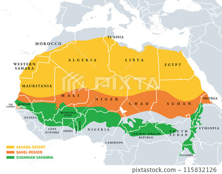 Sahara, Sahel, and Sudanian savanna, political map. Sahara as largest hot desert in the world, the Sahel with hot semi-arid climate, and broad belt of tropical Sudanian savanna, on African continent. Sahara, Sahel, and Sudanian savanna, political map. Sahara as largest hot desert in the world, the Sahel with hot semi-arid climate, and broad belt of tropical Sudanian savanna, on African continent. 115832126