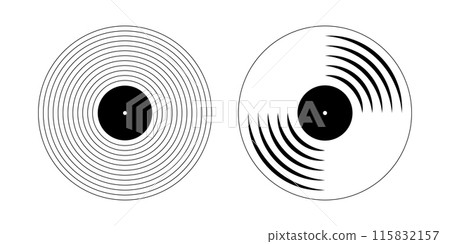 Vinyl disc icons. Turntable LP or long play music plates isolated on white background. DJ or studio record equipment. 70s 80s 90s discotheque nostalgia concept. Vector graphic illustration 115832157