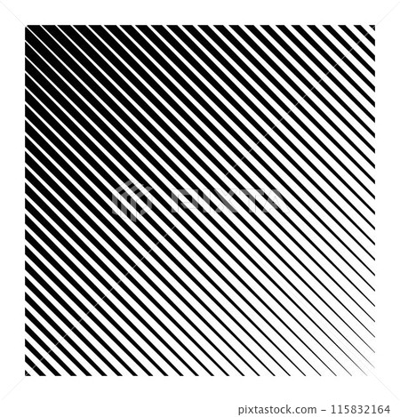 Black fading diagonal lines on white background. Parallel stripes inclined at angle of 45 degrees. Oblique straight strips print with gradient or halftone effect. Vector graphic illustration 115832164