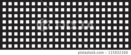 White repeating squares on black background. Checkered perforated texture. Peg board, radiator or speaker grill surface. Mosaic wall or floor pattern. Lattice print. Vector graphic illustration 115832168