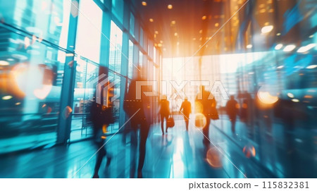 Modern glass corridor filled with sunlit professional hustle 115832381