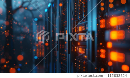 Luminous data center filled with servers emitting vibrant blue and orange tones 115832824