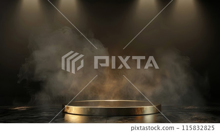 Enigmatic golden pedestal veiled in mystical rising smoke 115832825