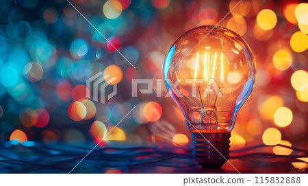 Vibrant bokeh backdrop frames glowing light bulb 115832888