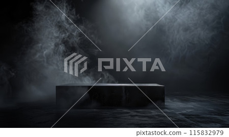 Swirling mist envelops a mysterious pedestal creating intrigue 115832979