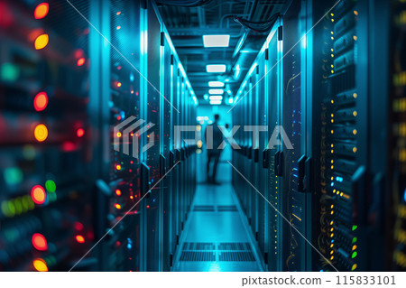 A modern server room with ambient lighting with hundreds of servers in server cabinets 115833101