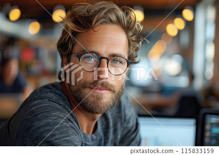A male web developer at work in a modern office 115833159