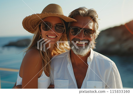A joyful older man and a woman are smiling broadly while enjoying a summer vacation on a yacht by the sea. 115833160