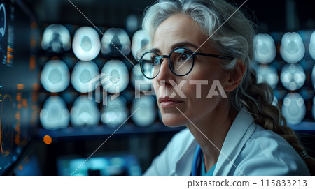 A focused female neuroscientist with glasses is carefully analyzing brain scans displayed on multiple digital screens in a high-tech medical facility 115833213