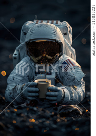 An astronaut holds a cup of coffee in his hand 115833225