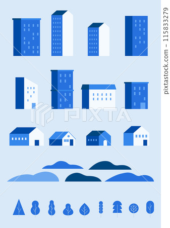 Vector illustration set of blue buildings.-插圖素材 [115833279] - PIXTA圖庫