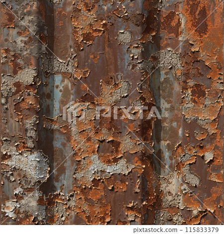 Close up of a grungy metal wall with peeling brown paint 115833379