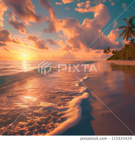 Beautiful Sunset Seascape with Orange Sky and Calm Waves on the Beach 115833429