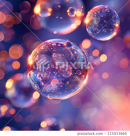 Shiny bubbles of various sizes float on blue background 115833660