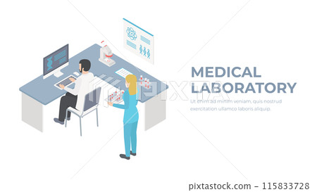 Isometric flat 3D concept vector interior of science laboratory. Medical research pharmaceutical illustration. 115833728