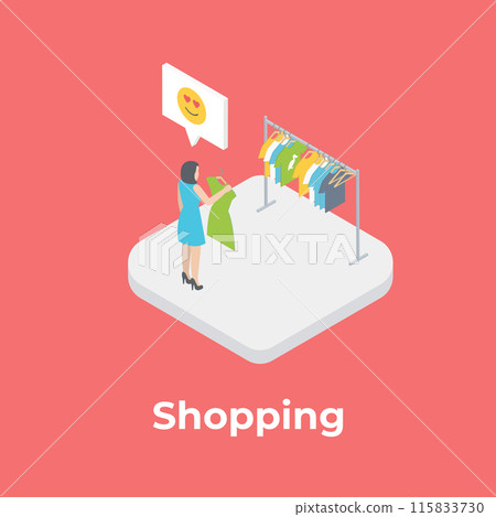 Isometric interior of clothes shop with woman character. 115833730