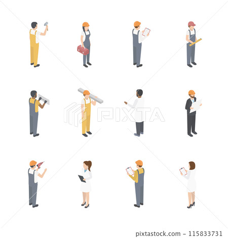 Isometric set of construction workers, builders and engineer characters. People lay bricks, paint walls and drill vector illustration set. Builders with construction equipment.  115833731