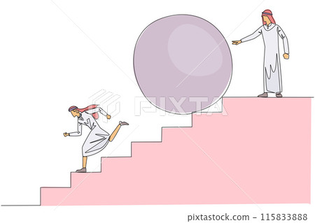 Continuous one line drawing Arabian businessman running down stairs avoiding big ball. Attacked by business friend. Traitor in business. Cheating. Betray. Single line draw design vector illustration Continuous one line drawing Arabian businessman running down stairs avoiding big ball. Attacked by business friend. Traitor in business. Cheating. Betray. Single line draw design vector illustration 115833888