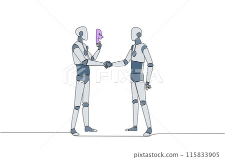 Single one line drawing the two robots shaking hands. One of them has two faces. Full of falsehood. Fake friend. Worst teamwork. Business betrayal. Traitor. Continuous line design graphic illustration 115833905