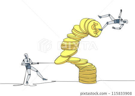 Continuous one line drawing robotic pull one of a piles of coins who made the person on top fall. Business fraud. Misappropriation of office money. Traitor. Single line draw design vector illustration 115833908