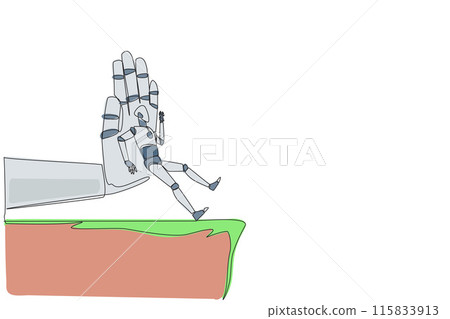 Single one line drawing smart robot standing on the edge of a cliff. Something big wants to bring down the business. Invisible enemy. Bring down competitor. Continuous line design graphic illustration Single one line drawing smart robot standing on the edge of a cliff. Something big wants to bring down the business. Invisible enemy. Bring down competitor. Continuous line design graphic illustration 115833913