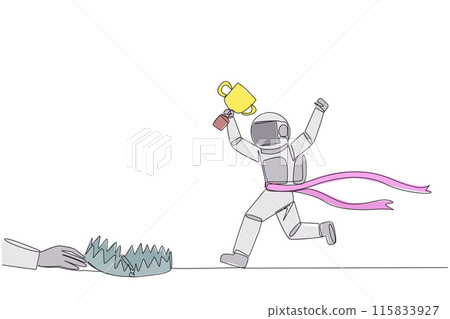 Continuous one line drawing astronaut running with trophy. Dangerous business trap. A trap that really brings down a business. Fake friend. Traitor. Rival. Single line draw design vector illustration Continuous one line drawing astronaut running with trophy. Dangerous business trap. A trap that really brings down a business. Fake friend. Traitor. Rival. Single line draw design vector illustration 115833927