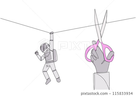 Single one line drawing the astronaut hanging from rope. A big hand that want to cut the rope. Maintaining a nearly useless business. Thwarted by traitors. Continuous line design graphic illustration 115833934