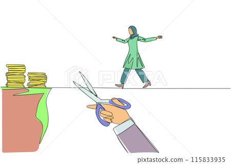 Single one line drawing Arabian businesswoman walking on tightrope from one cliff to another. Failed to move to much better place. Cheated by colleague. Continuous line design graphic illustration 115833935