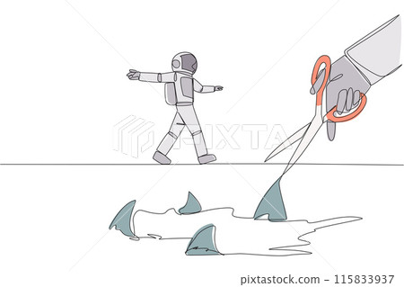Continuous one line drawing the astronaut walking across on tightrope. A metaphor pursuing a career. Ruined by traitors. Fake friend. Business sabotaged. Single line draw design vector illustration 115833937