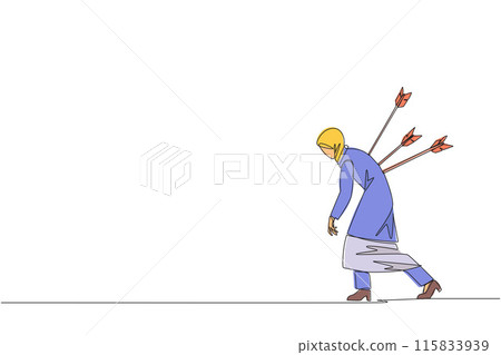 Single continuous line drawing Arab businesswoman stands and several arrows stuck in the back. Attacked from behind. Destroyed and helpless. Fake partner. Traitor. One line design vector illustration Single continuous line drawing Arab businesswoman stands and several arrows stuck in the back. Attacked from behind. Destroyed and helpless. Fake partner. Traitor. One line design vector illustration 115833939