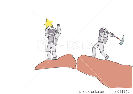 Single continuous line drawing the astronaut standing on the edge of a cliff holding up a star. The hypocrite partner want to destroy the achievement. The traitor. One line design vector illustration Single continuous line drawing the astronaut standing on the edge of a cliff holding up a star. The hypocrite partner want to destroy the achievement. The traitor. One line design vector illustration 115833942