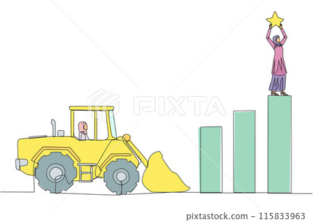Single continuous line drawing Arab businesswoman standing on highest bar raising a star. Bulldozer ready to destroy the happiness. Betrayal. Fake friends. Traitor. One line design vector illustration 115833963