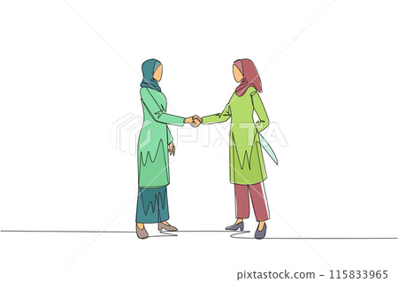 Single one line drawing two Arab businesswomen shaking hands. One of them holds knife behind back. Getting ready to stab. Must win at all costs. Traitor. Continuous line design graphic illustration 115833965