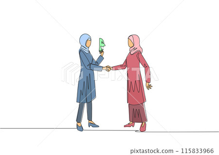 Continuous one line drawing two Arabian businesswomen shaking hands. One of them has two faces. Full of falsehood. Fake friend. Worst teamwork. Betrayal. Single line draw design vector illustration Continuous one line drawing two Arabian businesswomen shaking hands. One of them has two faces. Full of falsehood. Fake friend. Worst teamwork. Betrayal. Single line draw design vector illustration 115833966