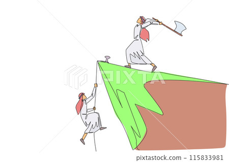 Single one line drawing Arabian businessman climbs cliff with rope. Almost successful. Rudely dropped by a business friend. Fake partner. Worst teamwork. Continuous line design graphic illustration Single one line drawing Arabian businessman climbs cliff with rope. Almost successful. Rudely dropped by a business friend. Fake partner. Worst teamwork. Continuous line design graphic illustration 115833981