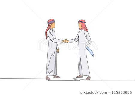 Continuous one line drawing two Arab businessmen shaking hands. One of them holds knife behind back. Getting ready to stab. Must win at all costs. Traitor. Single line draw design vector illustration 115833996