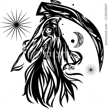 A stylish cut-out style silhouette of the Grim Reaper, the moon and the sun. Tribal art A stylish cut-out style silhouette of the Grim Reaper, the moon and the sun. Tribal art 115834007