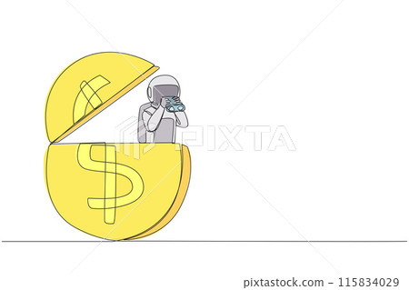Single one line drawing astronaut emerges from dollar symbol coin looking for something with binoculars. Raising funds for the next expedition into space. Continuous line design graphic illustration Single one line drawing astronaut emerges from dollar symbol coin looking for something with binoculars. Raising funds for the next expedition into space. Continuous line design graphic illustration 115834029