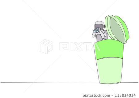 Single one line drawing astronaut emerges from paper cup look for something with binocular. Look for something relaxing. The expedition calm and controlled. Continuous line design graphic illustration Single one line drawing astronaut emerges from paper cup look for something with binocular. Look for something relaxing. The expedition calm and controlled. Continuous line design graphic illustration 115834034