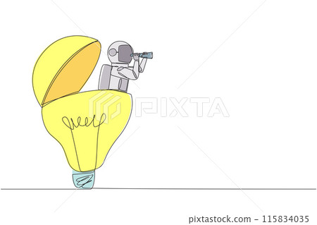 Continuous one line drawing astronaut emerges from lightbulb look for something with binocular. Collecting best ideas for to do during a lunar expedition. Single line draw design vector illustration Continuous one line drawing astronaut emerges from lightbulb look for something with binocular. Collecting best ideas for to do during a lunar expedition. Single line draw design vector illustration 115834035