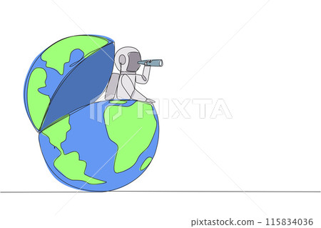 Continuous one line drawing astronaut emerges from globe look for something with binoculars. Highlight where the expedition located. Preparation from earth. Single line draw design vector illustration Continuous one line drawing astronaut emerges from globe look for something with binoculars. Highlight where the expedition located. Preparation from earth. Single line draw design vector illustration 115834036