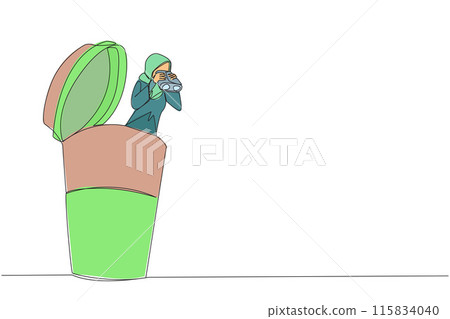 Single one line drawing Arabian businesswoman emerges from a paper cup looking for something through binoculars. Bring home a refreshing cold tea drink. Continuous line design graphic illustration 115834040